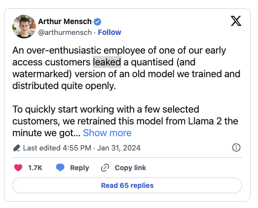 miqu-1-70b tweat about leaked llm